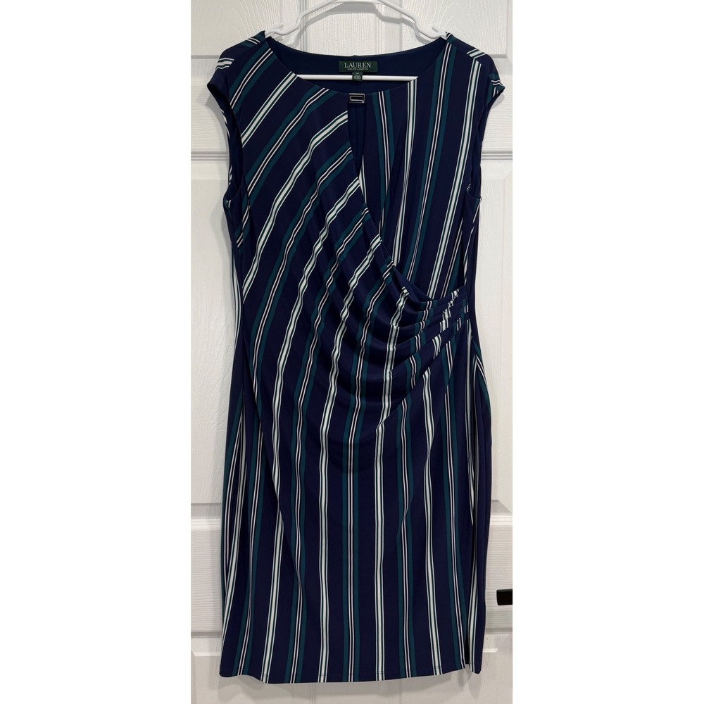 Lauren Ralph Lauren Womens 14 Navy Green Striped Ruched Sheath Midi Dress